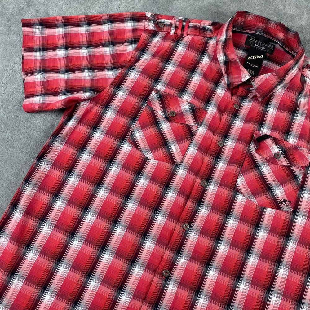 Klim Mens XL Button Down Shirt Red Plaid Short Sleeve Downtime Casual Epaulets